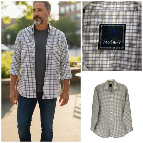 David Donahue Sz 15.5-32 Cotton Small Check Button Down Casual Dress Shirt - Picture 1 of 8